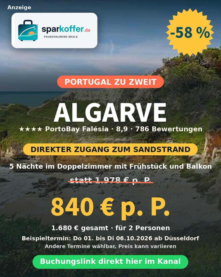 Praia da Falésia an der Algarve: rote Steilküste, Pinien und langer Sandstrand am Atlantik – hier liegt das 4-Sterne-Hotel PortoBay Falésia