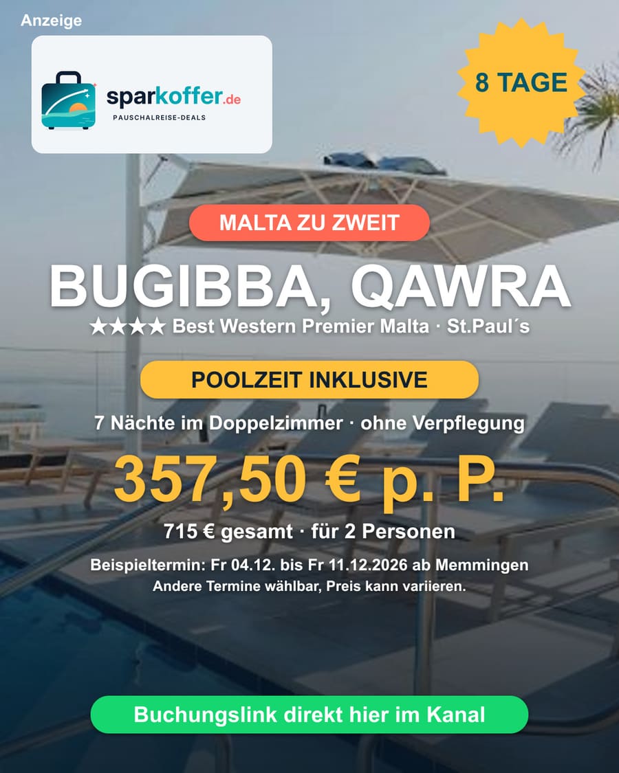 Malta (Bugibba, Qawra) Deal: 7 Nächte im 4-Sterne Best Western Premier Malta, Ohne Verpflegung, Transfer inklusive, 31 Prozent Rabatt, 358 Euro statt 520 Euro pro Person