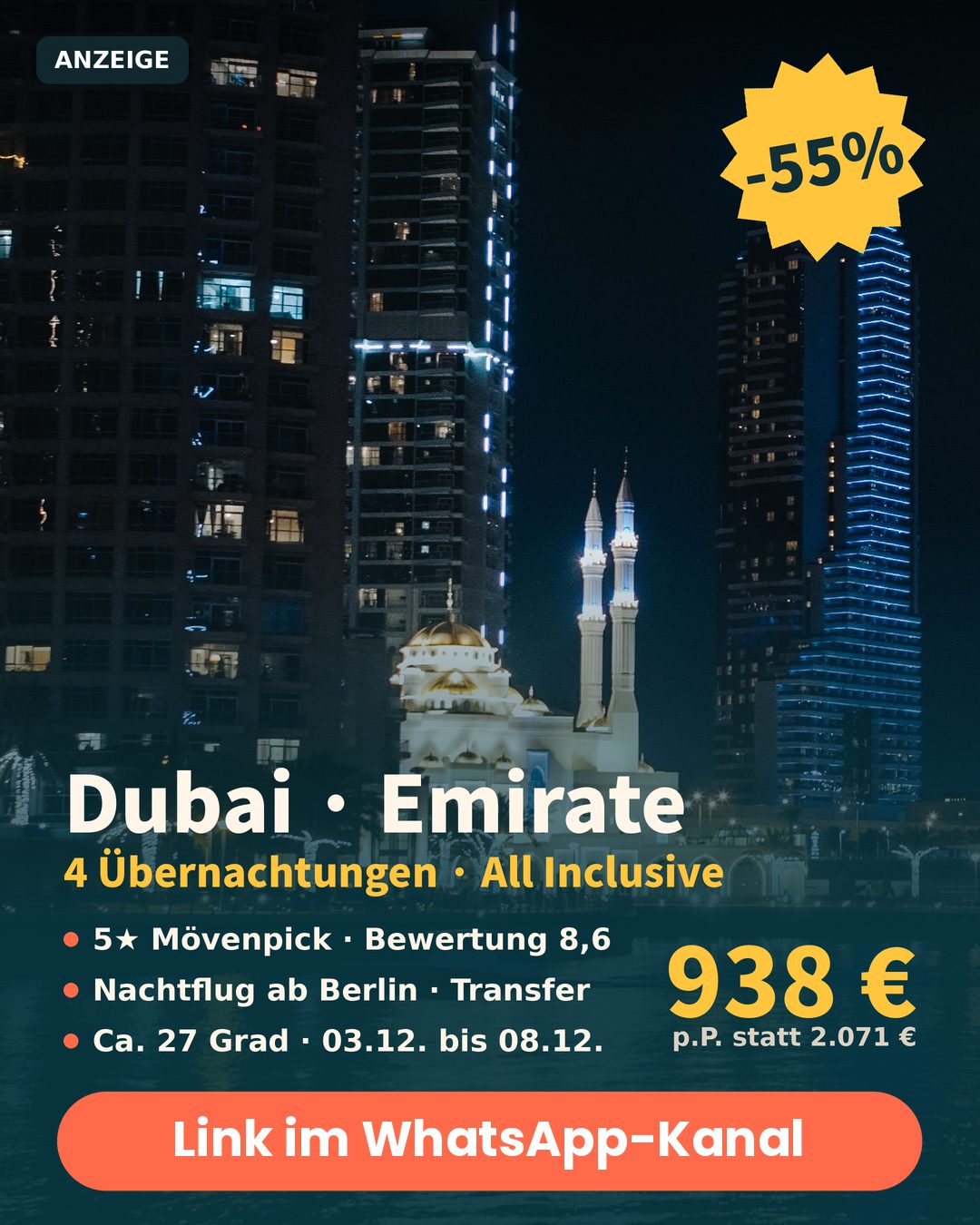 Dubai Luxus-Deal: 5-Sterne Mövenpick Hotel All Inclusive, 55 Prozent Rabatt, ab 938 Euro pro Person