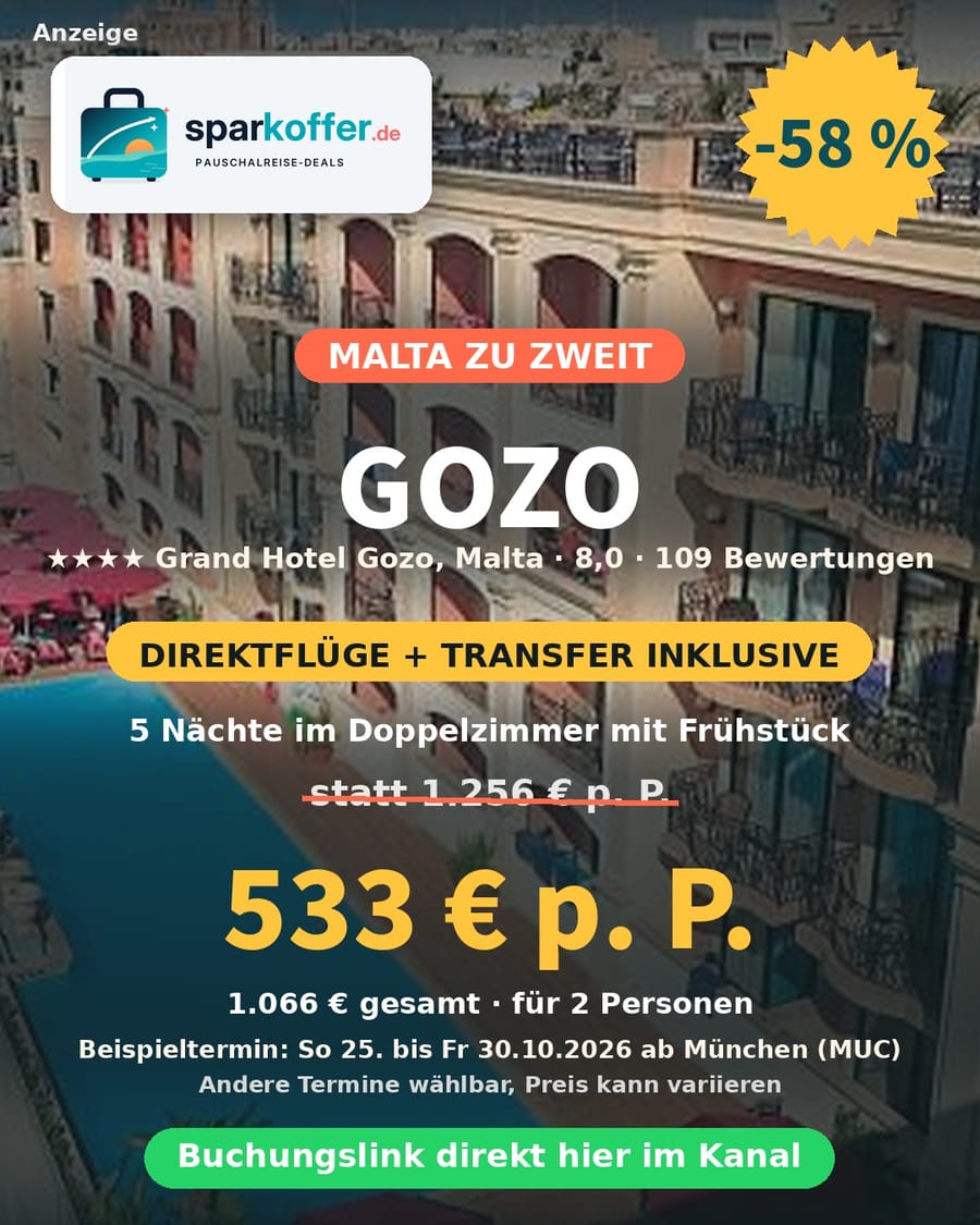 Gozo Deal: 5 Nächte im Doppelzimmer mit Frühstück im 4-Sterne Grand Hotel Gozo, Direktflüge und Transfer inklusive, 58 Prozent Rabatt, 533 Euro statt 1.256 Euro pro Person
