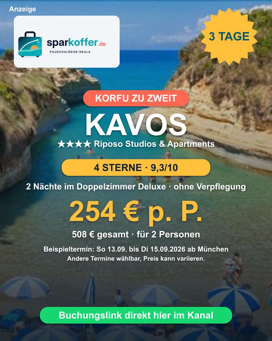 Korfu (Kavos) Deal: 2 Nächte im 4-Sterne Riposo Studios & Apartments, Ohne Verpflegung, Transfer inklusive, 254 Euro pro Person