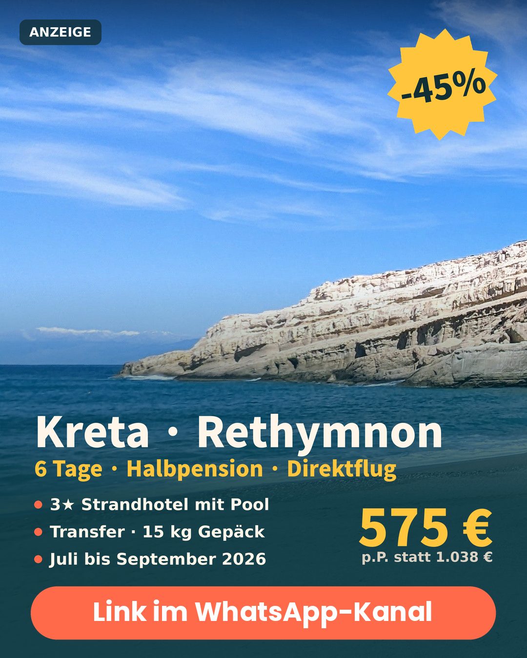 Kreta Deal: Urlaub in Rethymnon mit Halbpension im 3-Sterne-Hotel, 45 Prozent Rabatt, ab 575 Euro pro Person
