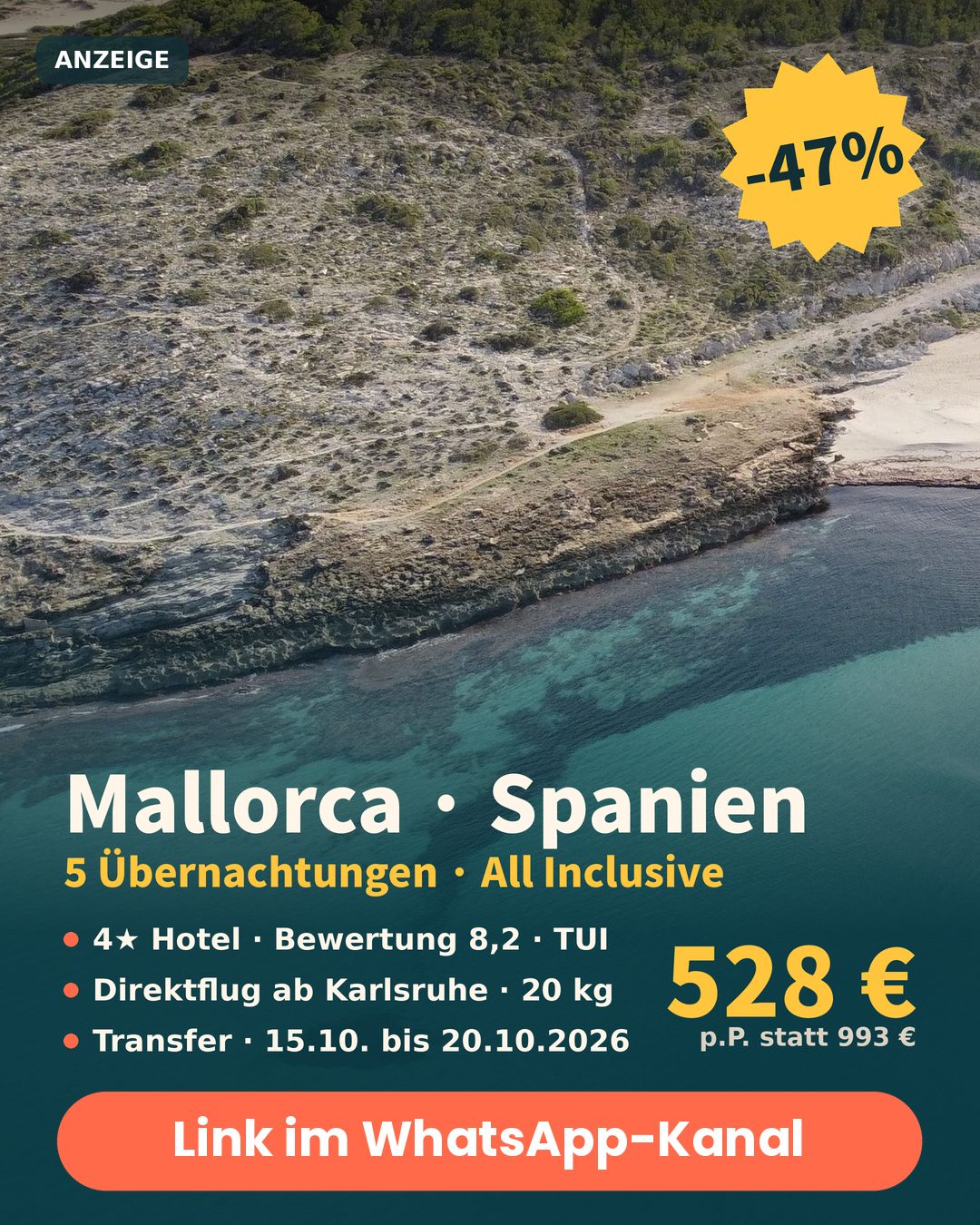 Mallorca All Inclusive Deal: 5 Nächte im 4-Sterne-Hotel mit TUI, Direktflug ab Karlsruhe, nur 528 € statt 993 € pro Person – 47 Prozent Rabatt