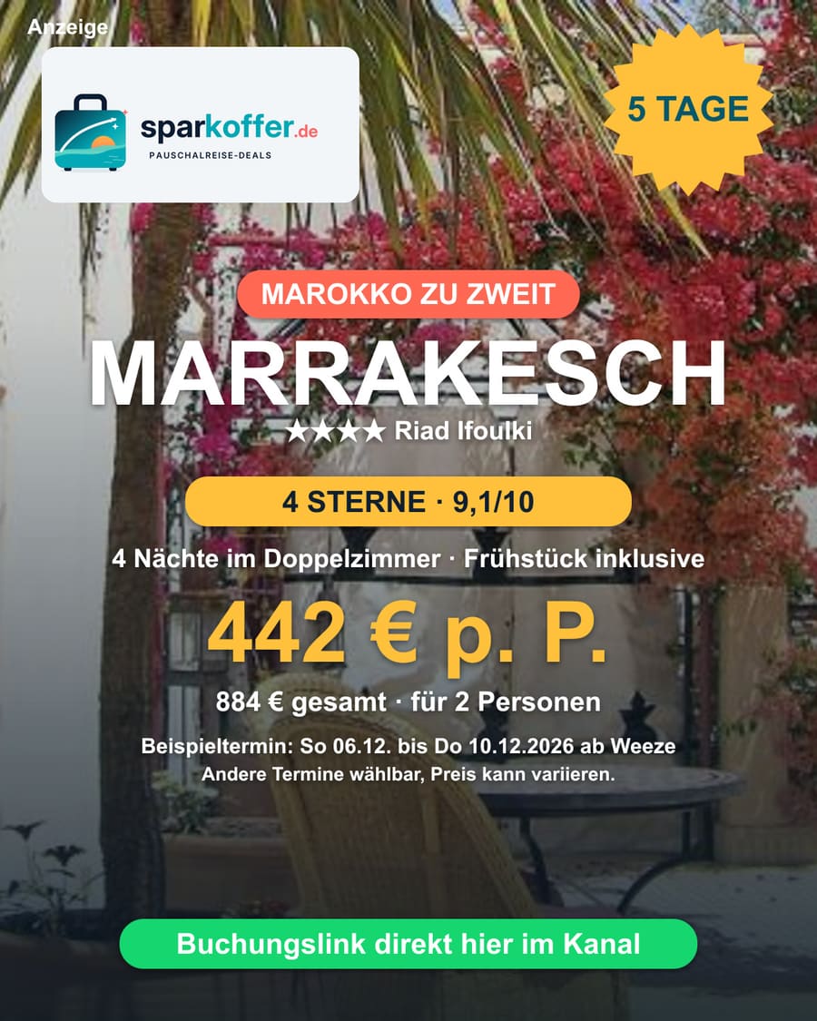 Marrakesch Deal: 4 Nächte im 4-Sterne Riad Ifoulki, Frühstück, Transfer inklusive, 21 Prozent Rabatt, 442 Euro statt 562 Euro pro Person