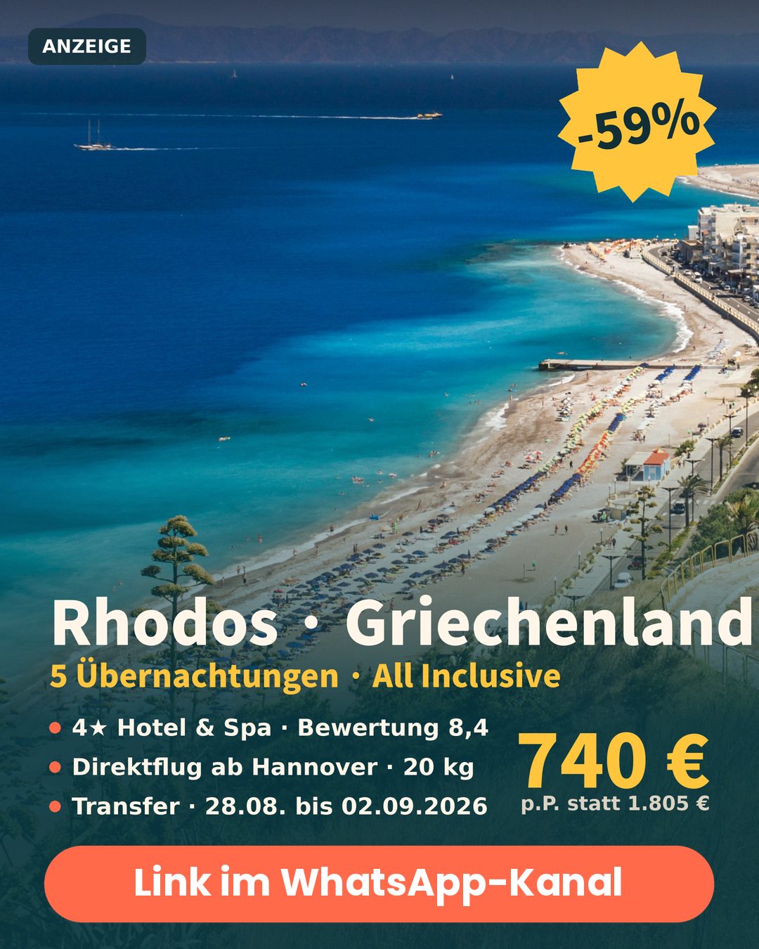 Rhodos Deal: 4-Sterne Hotel All Inclusive mit Direktflug, 59 Prozent günstiger, ab 740 Euro pro Person