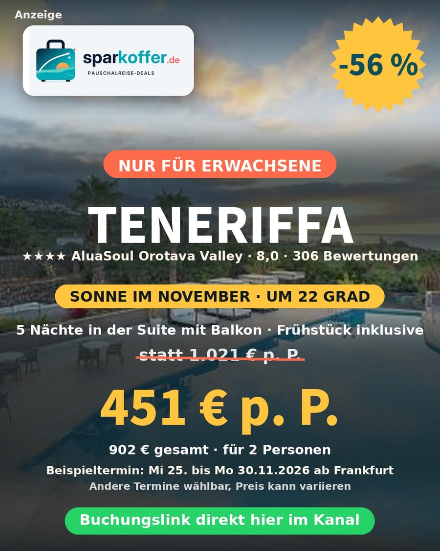 Teneriffa Deal: 5 Nächte in der Suite mit Balkon im 4-Sterne AluaSoul Orotava Valley, nur für Erwachsene, Frühstück inklusive, 56 Prozent Rabatt, 451 Euro statt 1.021 Euro pro Person
