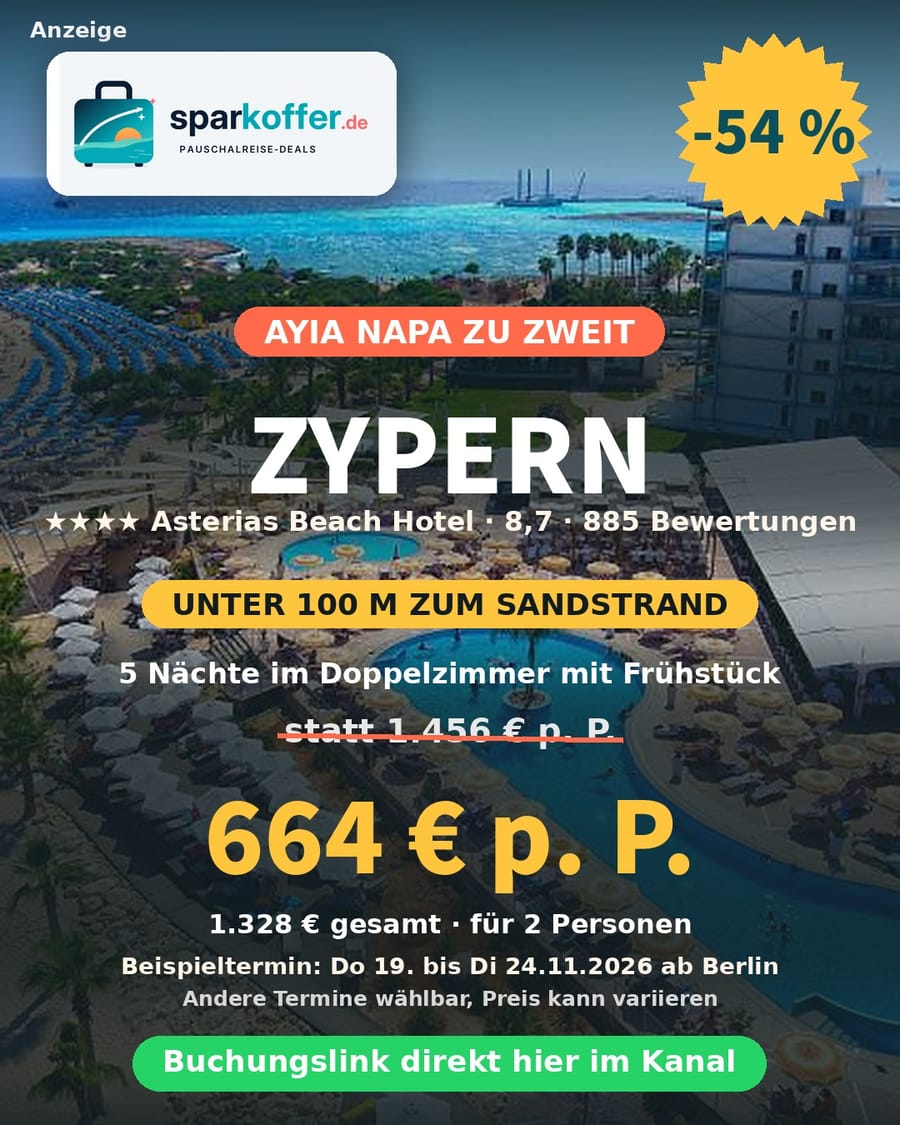 Zypern Deal: 5 Nächte im Doppelzimmer mit Frühstück im 4-Sterne Asterias Beach Hotel in Ayia Napa, unter 100 Meter zum Sandstrand, 54 Prozent Rabatt, 664 Euro statt 1.456 Euro pro Person